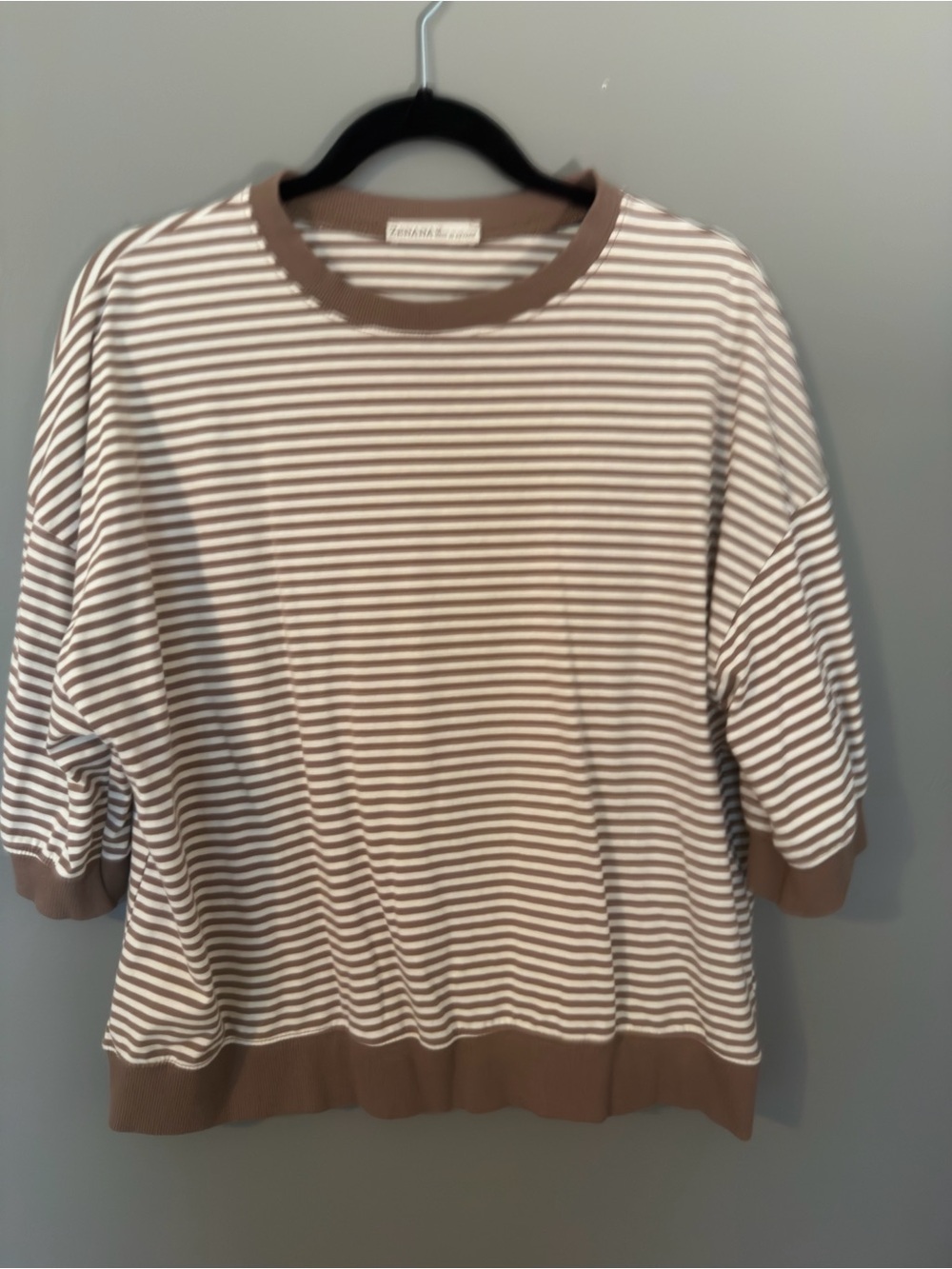 Zenana Outfitters Brown & White Striped Short Sleeve Pullover